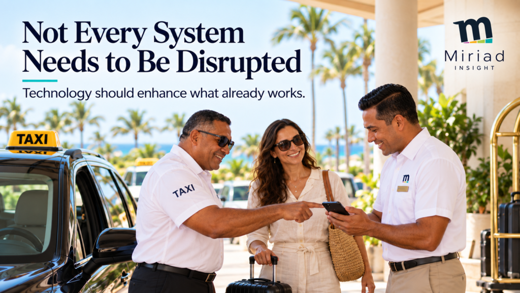 Miriad Insight: taxi driver, visitor, and hospitality professional discussing island mobility technology.
