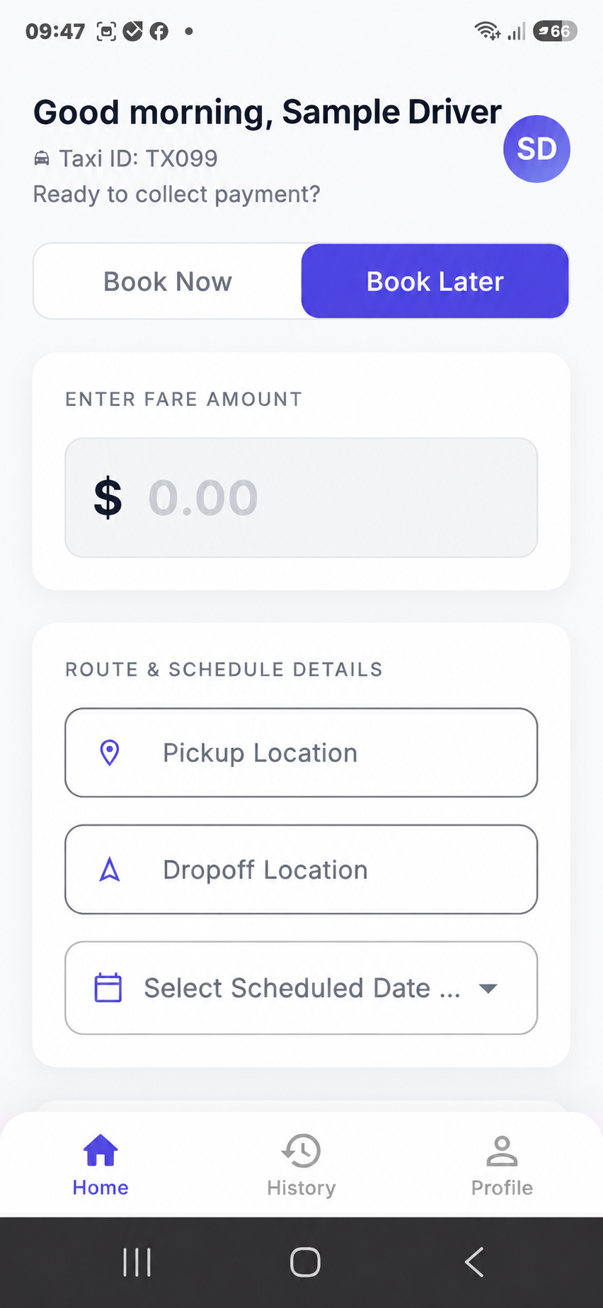 Sanitized TaxiPOS Book Later screen showing route and schedule fields
