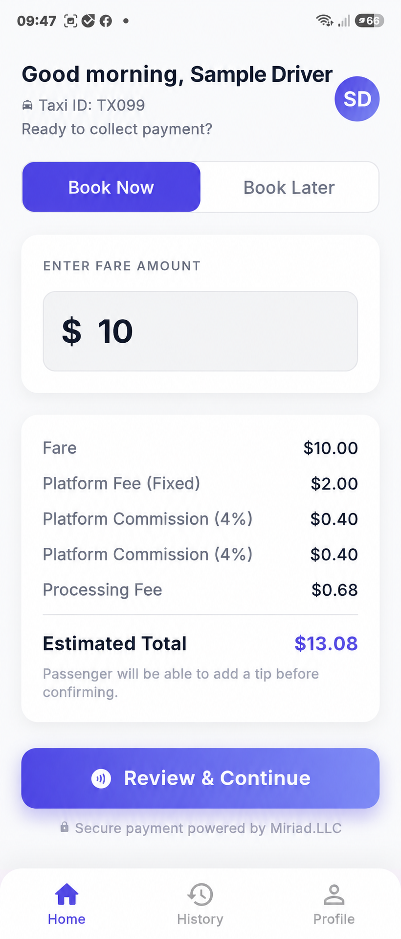 Sanitized TaxiPOS Book Now screen showing fare review and payment controls