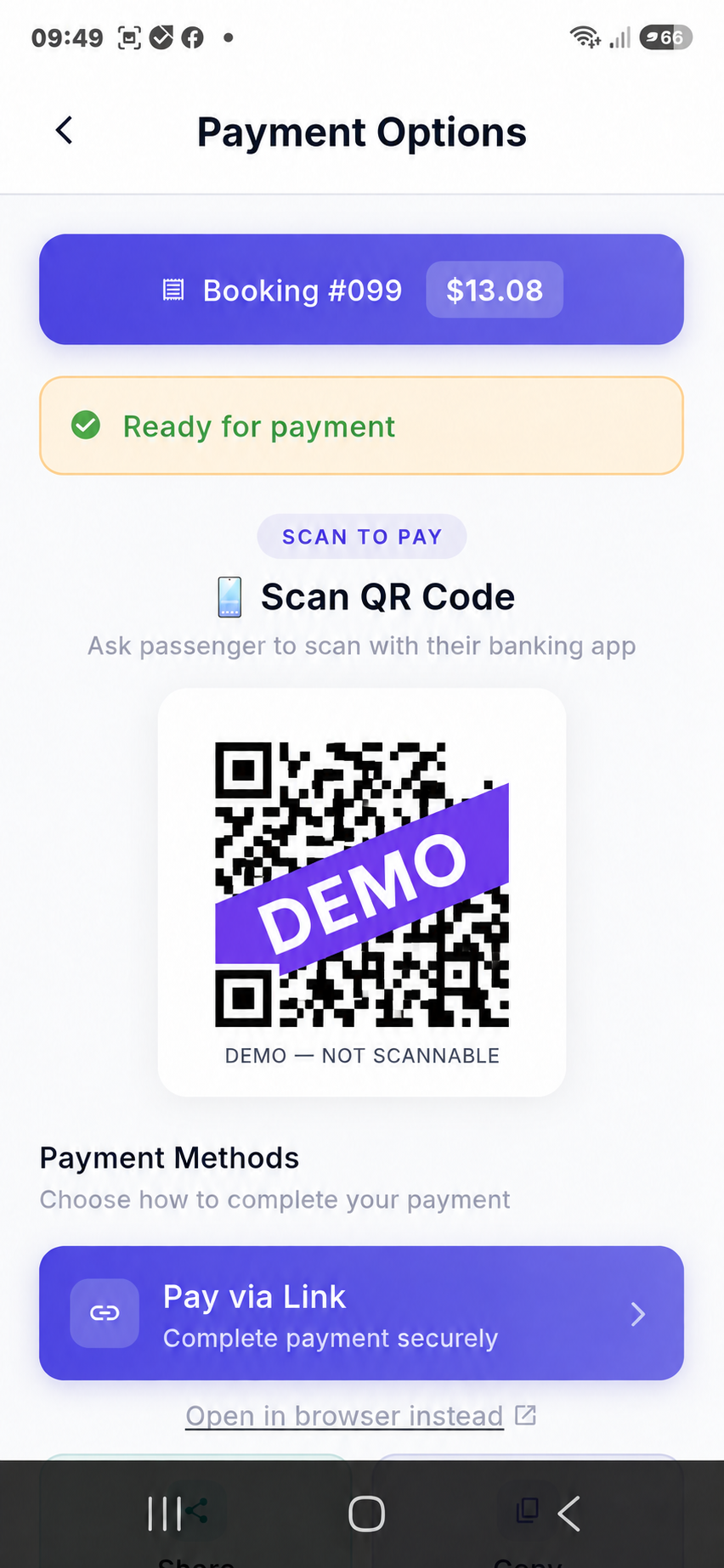 Sanitized TaxiPOS payment options screen with a deliberately disabled demonstration QR graphic